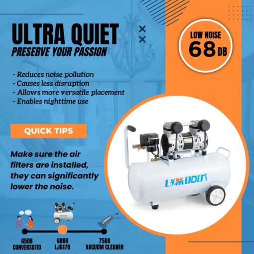 Air Compressor, Quiet Air Compressor, Only 68dB, 8 Gallon Durable Steel Air Tank, 2.8CFM @ 90PSI, Oil-Free, Ideal For Woodwork Nailing, Garage, Car, Pneumatic Tool, 1.2 HP - Image 4