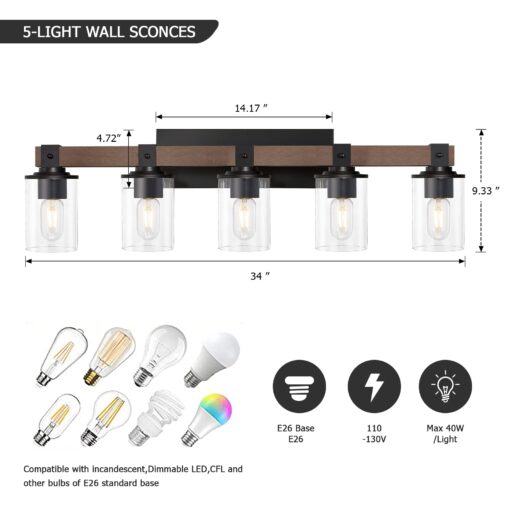 DUJAHMLAND 5-Light Farmhouse Vanity Lights,Wood Bathroom Wall Lighting with Clear Glass, Industrial Metal Wall Sconce for Bedroom, Kitchen, Hallway (Wood, 5-Light) - Image 8