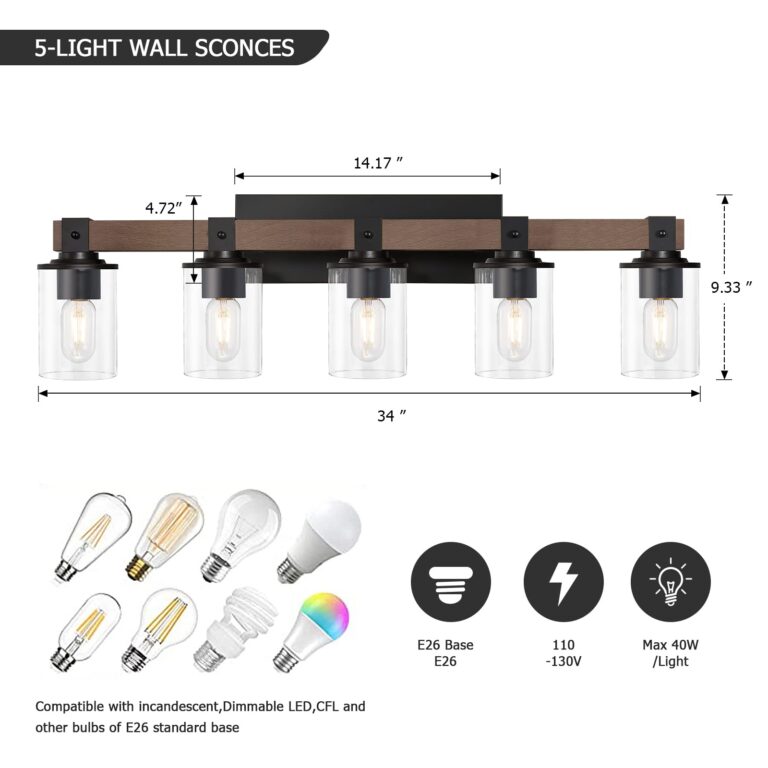 DUJAHMLAND 5-Light Farmhouse Vanity Lights,Wood Bathroom Wall Lighting with Clear Glass, Industrial Metal Wall Sconce for Bedroom, Kitchen, Hallway (Wood, 5-Light) - Image 8