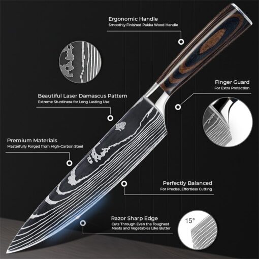 SENKEN 16-Piece Acacia Wood Knife Block Set with Laser Damascus Pattern - Includes Steak Knives, Kitchen Shears, Chef's Knife, Santoku, Cleaver & More - Image 4