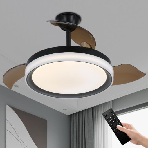 Zenouidle 42" Retractable Ceiling Fan Modern Ceiling Fans with Lights and Remote,3 Color 6 Speed Round Dimmable Fandelier for Bedroom Living Room Dining Room
