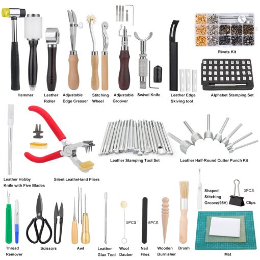 447 Pieces Leather Working Tools and Supplies with Instruction, Leathercraft Tools Kit, Leathercraft Tools Holder, Leather Craft Stamping Tools, Stitching Hole Punch, Leather Working Saddle Making - Image 7