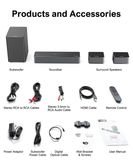 ULTIMEA 5.1 Sound Bar with Dolby Atmos, 410W Surround Sound System for TV, 3D Sound Bars for Smart TV with Subwoofer, Adjustable Surround and Bass, Home Audio Soundbars for TV, HDMI eARC, Poseidon D60 - Image 2