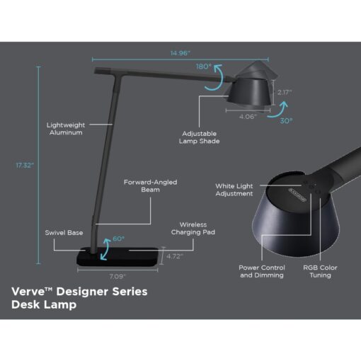 BLACK+DECKER Bostitch Verve Designer Smart Desk Lamp, Compatible with Alexa, Auto-Circadian Mode, True White LED + Color Ambiance, Qi Wireless Charger, Black, Certified for Humans - Image 2