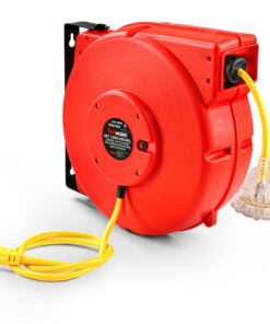 ReelWorks Extension Cord Reel Retractable Longest Industrial 12awg x 80' Foot Commercial Premium Grade Ultra Flexible 3C/SJTOW Glow Strip Cable and Led Light Up Triple Tap Connector Use Indoor/Outdoor