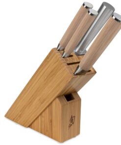 Shun Classic Blonde 5 Piece Starter Block Set, Includes 8" Chef, 3.5" Paring & 6" Utility Knives, Handcrafted Japanese Knife Block Set, Damascus Stainless Steel Cladding, Pakkawood Handle
