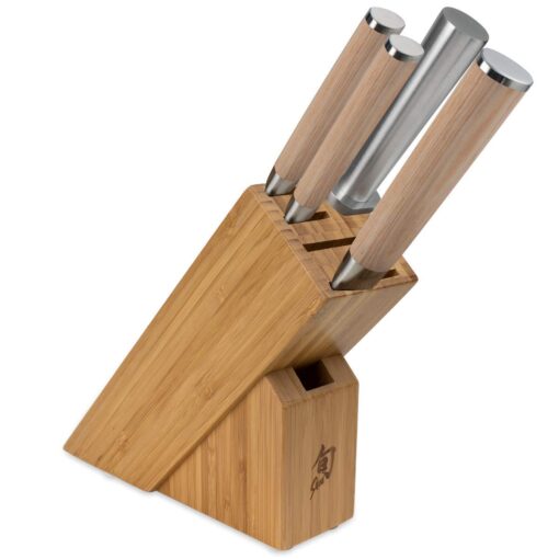 Shun Classic Blonde 5 Piece Starter Block Set, Includes 8" Chef, 3.5" Paring & 6" Utility Knives, Handcrafted Japanese Knife Block Set, Damascus Stainless Steel Cladding, Pakkawood Handle