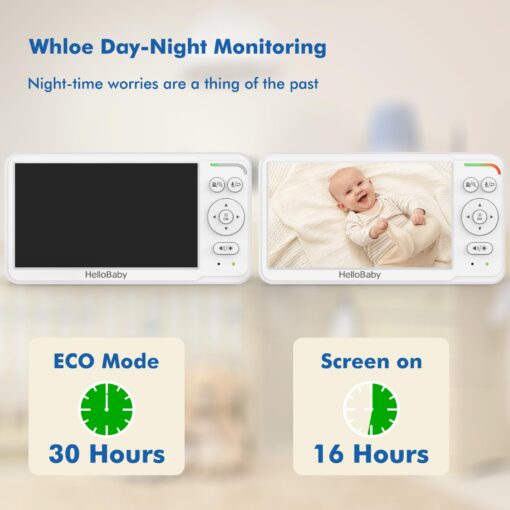 HelloBaby Baby Monitor with 2 Cameras and Audio, 6'' World First IPS Split Screen Baby Camera Monitor No WiFi, 30-Hrs Battery, ECO, 2-Way Talk, Night Vision, 1000ft, Travel Video Baby Monitor Portable - Image 4