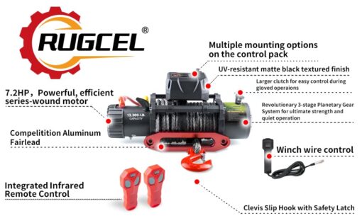 RUGCEL WINCH 13500lb Waterproof Electric Truck Winch 12V Synthetic Black Rope Jeep Winch with Hawse Fairlead,Wired Handle and 2 Wireless Remote,for Trailer and Wrangler in Car Lift - Image 5