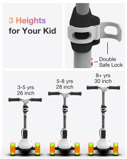 Elecorange 3 Wheel Electric Scooter for Kids, Light Up Deck, Big Flashing Wheels, Thumb Throttle, Adjustable Heights, Foldable, Lightweight, 5mph, Lightweight, Toddler Electric Scooter Ages 5-8, Black - Image 4
