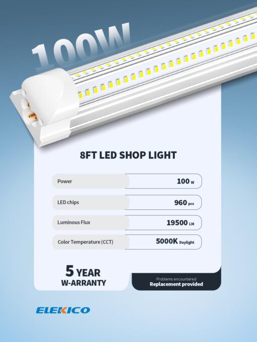 ELEKICO 8' Led Shop Lights,Super Bright 19500LM 100W 5000K 8FT Led Shop Light for Garage,Linkable 8FT Led Garage Ceiling Lights for Garage Ceiling Shop Workshop Warehouse - Image 7