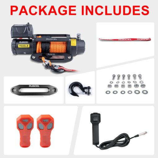RUGCEL WINCH 9500lb Waterproof Electric Synthetic Rope Powerful Fast 12v Jeep Winch with Hawse Fairlead, Wired Handle and 2 Wireless Remote - Image 3