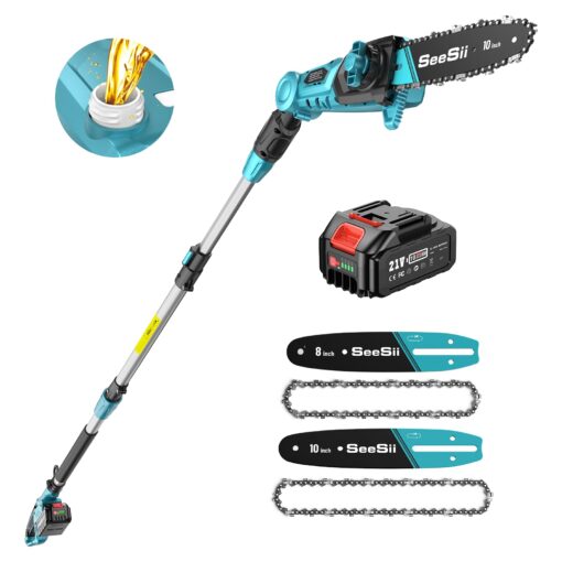 Seesii 10 Inch & 8 Inch Electric Pole Saws for Tree Trimming, Cordless Pole Chainsaw with Extendable Rod (Up to 9.2ft), Auto Oiler, 4000mAh Battery Powered Tree Pruner for Bush & Branch Cutting