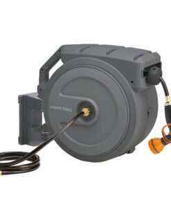 Giraffe Tools Metal Retractable Hose Reel 130 FT Wall Mounted Heavy Duty Hose Reel with 9 Pattern Nozzle 180 Deg Swivel, Metal Bracket Any Length Lock (1/2 130FT PRO, Dark Grey)