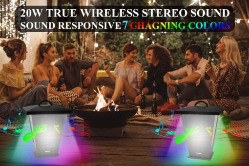 pohopa Bluetooth Speakers Waterproof, 2 Packs True Wireless Stereo Sound 20W Dual Pairing Lantern Indoor Outdoor with 20 Piece Responsive LED Color Lights, Richer Bass, Black - Image 7