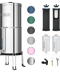 Purewell 7-Stage 0.01μm Ultra-Filtration Alkaline Water Filter System with 4 Filters, Metal Water Level Spigot and Stand, 304 Stainless Steel, Reduce Fluoride & Chlorine, pH 8-9, 2.25G, PW-OB-FT