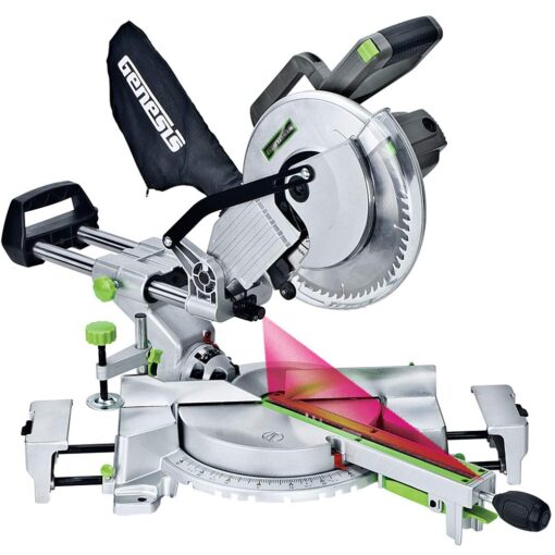 Genesis GMSDR1015LC 15 Amp 10" Sliding Compound Miter Saw with Laser Light, Electric Brake, Spindle Lock, Dust Bag, Extension Wings, and 60T Carbide-Tipped Blade