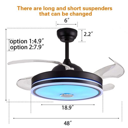 Defloorlight Black 48" Ceiling Fan with Light, Fandelier, Invisible Chandelier, Bluetooth Speaker, RGB Color Changing Remote Control for Living Room/Bedroom, Music, Modern Design - Image 6