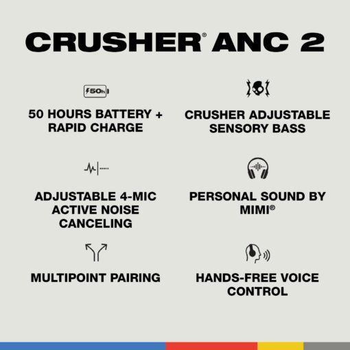 Skullcandy Crusher ANC 2 Over-Ear Noise Canceling Wireless Headphones with Sensory Bass and Extra Charging Cable, 50 Hr Battery, Microphone, Works with Bluetooth Devices - Preppy Summer Resort - Image 4