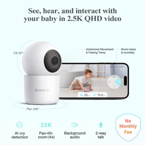 Sense-U Smart Baby Monitor Pro(Long Range)+2K PTZ Camera: Track Abdominal Movement with Arousal Vibration, Rollover, Feeling Temp, 2K Video, Background Sound & Motion Detection, No Monthly Fee - Image 4