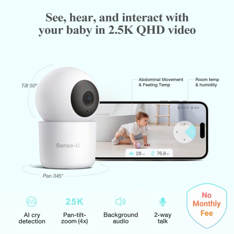 Sense-U Smart Baby Monitor Pro(Long Range)+2K PTZ Camera: Track Abdominal Movement with Arousal Vibration, Rollover, Feeling Temp, 2K Video, Background Sound & Motion Detection, No Monthly Fee - Image 4