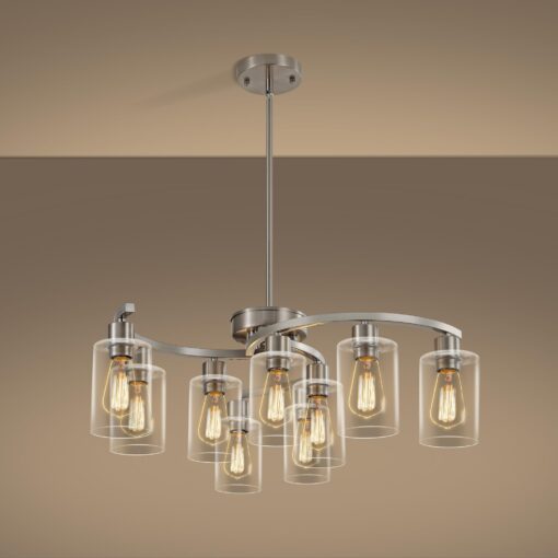 CNRATYE 9-Light Brushed Nickel Glass Chandelier, Adjustable Height Hanging Industrial Dining Room Chandelier Over Table, Modern Farmhouse Chandelier for Kitchen Island Living Room Entryway Bedroom