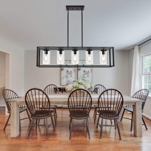 VINLUZ Farmhouse Chandeliers Rectangle Black 5 Light Dining Room Lighting Fixtures Hanging, Kitchen Island Cage Pendant Lights Contemporary Modern Ceiling Light with Glass Shade Adjustable Rods - Image 6