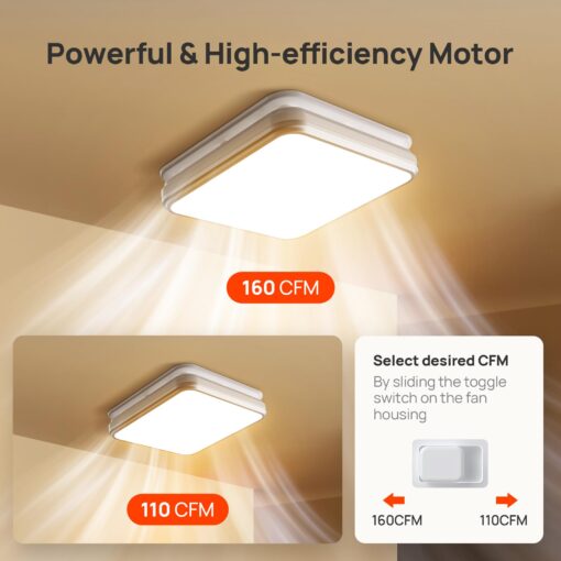 Consciot Bathroom Exhaust Fan with Light, 110/160 CFM Adjustable, 1.0 Sone, suitable for square mounting hole 11.39 x 10.42 inches, 1500lm LED Light 3000K/4000K/5000K Selectable & 2700K Nightlight - Image 8