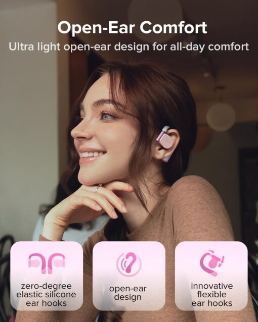 Cleer ARC 3 Open Ear Headphones - Dolby Audio, Snapdragon Sound True Wireless Earbuds, 50Hr Battery, Bluetooth 5.4, IPX 7, Multi-Point, Smart Controls, Wireless Charging Smart Case, Comfort Fit, Pink - Image 7