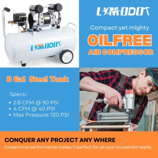 Air Compressor, Quiet Air Compressor, Only 68dB, 8 Gallon Durable Steel Air Tank, 2.8CFM @ 90PSI, Oil-Free, Ideal For Woodwork Nailing, Garage, Car, Pneumatic Tool, 1.2 HP - Image 7