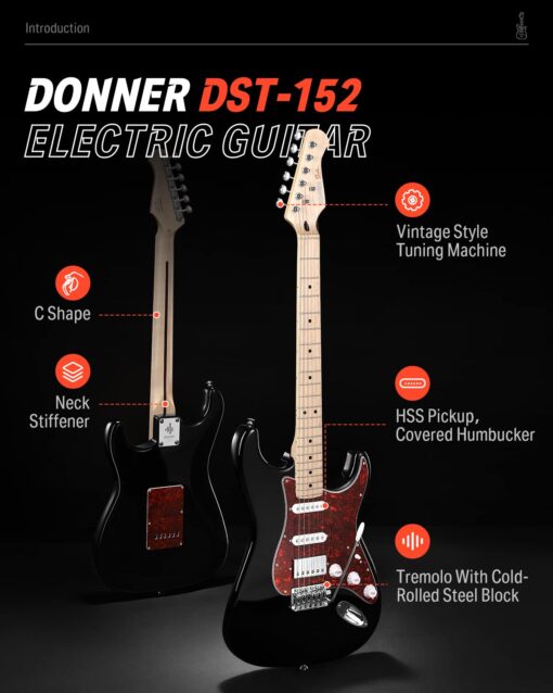 Donner, DST-152B 39" Electric Guitar Kit HSS Pickup Coil Split with Amp, Bag, Accessories, Black Solid Body Guitarra Electrica - Image 7