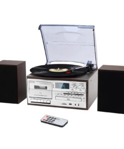 3-Speed Turntable 10 in 1Record Player with Bluetooth, AM/FM Radio, USB/SD/MMC, CD/Cassette Playback, Remote Control, and 2 External Speakers – Great for Gifting