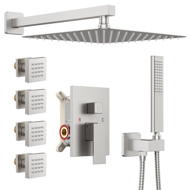Iriber Brushed Nickel Square Rain Shower System with 4 PCS Body Jets 3 Function Shower Faucet Set Wall Mounted Pressure Balance Shower Trim Kit (Valve Included)