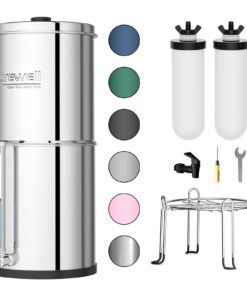 Purewell 3-Stage Gravity Fed Water Filter System, 2.25 Gallon Stainless Steel Countertop System with 2 Washable Ceramic Filters, Metal Water Level Spigot and Stand, Reduce up to 99% Chlorine, PW-OBT-K