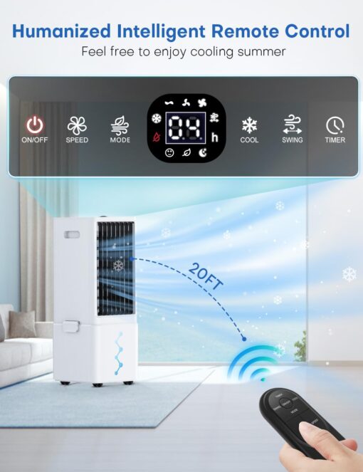 COOLECH Portable Air Conditioners w/Remote, 4 Modes & 3 Speeds, Waterless Alert System & 2.4-Gal Tank for 20H Cooling, 12H Timer for Auto Off, 3-IN-1 Evaporative Air Cooler for Room Bedroom Office - Image 9