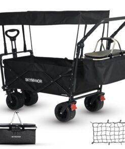 SKYMANOR Collapsible Wagon with Removable Canopy, 3-in-1 Heavy Duty Garden Cart with Big All-Terrain Wheels, Brakes, Adjustable Push Pull Handle, Cooler Bag, 300LBS Wagon Cart for Camping (Black)