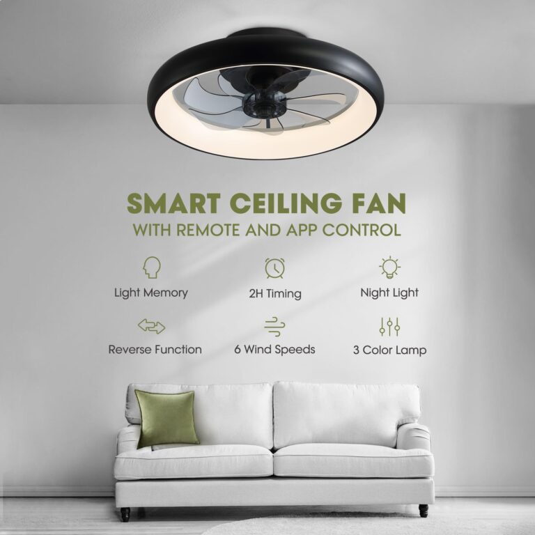 LUDOMIDE Modern Black 20" Flush Mount Ceiling Fan with Lights, 6 Wind Speeds, LED, Bedroom, Kitchen - Image 8