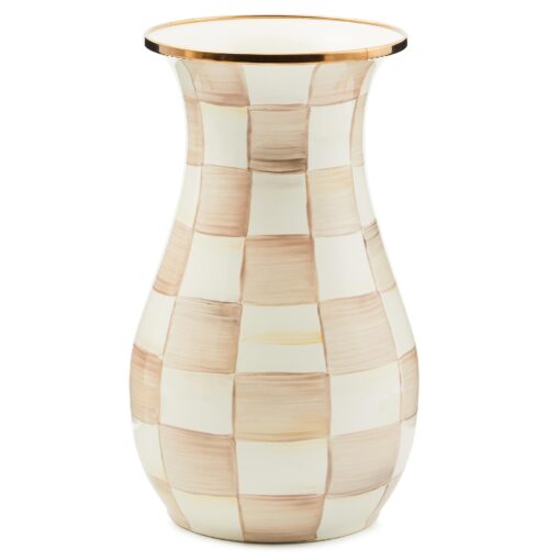 MACKENZIE-CHILDS Tall Enamel Vase, Unique Flower Vase, Bouquet Vase Decor for Living Room, Brown-and-White Mocha Check