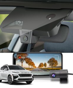 Fitcamx Dual 2160P+Rear 1080P Dash Cam for 2021-2023 Hyundai Kona (Part No#J9020) has Auto-Dimming, OEM Style, 2 Way HD Video, Built-in WiFi & APP, Loop Recording, G-Sensor, Easy to Set, 128GB Card