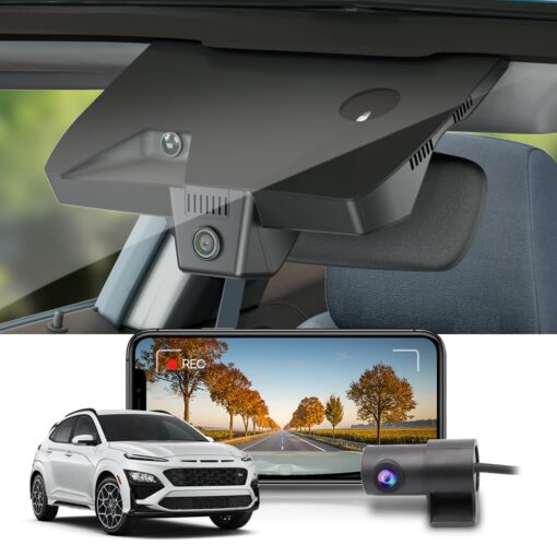 Fitcamx Dual 2160P+Rear 1080P Dash Cam for 2021-2023 Hyundai Kona (Part No#J9020) has Auto-Dimming, OEM Style, 2 Way HD Video, Built-in WiFi & APP, Loop Recording, G-Sensor, Easy to Set, 128GB Card