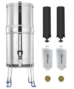 FACHIOO Gravity-Fed Water Filter System, NSF/ANSI 42&372 Standard, 2.25G Stainless-Steel Countertop System with 2 Black Elements, 2 Fluoride, Metal Water Level Spigot, Reduces Fluoride and Chlorine
