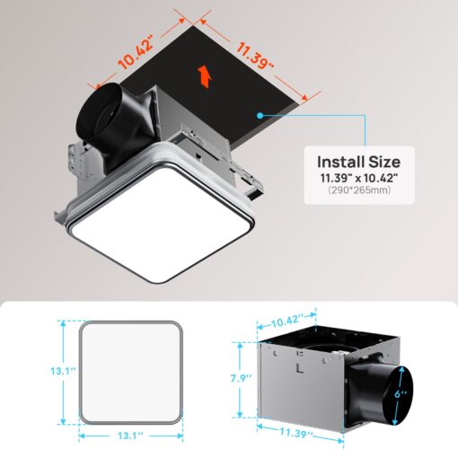 Consciot Bathroom Exhaust Fan with Light, 110/160 CFM Adjustable, 1.0 Sone, suitable for square mounting hole 11.39 x 10.42 inches, 1500lm LED Light 3000K/4000K/5000K Selectable & 2700K Nightlight - Image 9