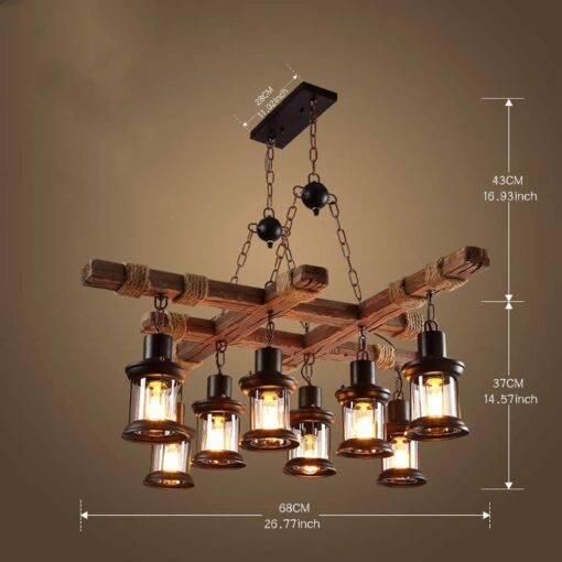 8 Lights Industrial Wooden Hanging Lighting Black Metal Chandelier Farmhouse Vintage Pendant Lamp Glass Lampshade for Pool Table Kitchen Island Bar Retro Ceiling Light Height Adjustable Fixture - Image 3