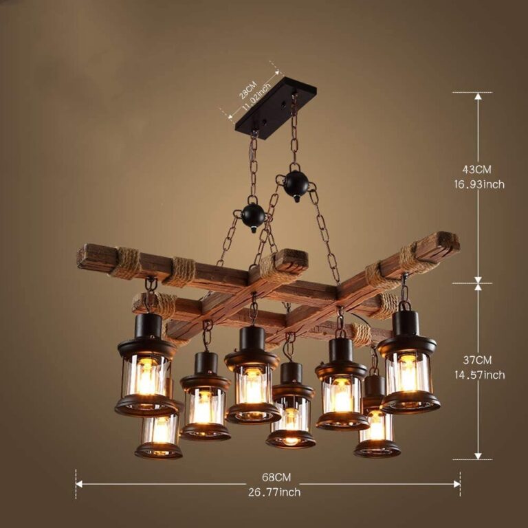 8 Lights Industrial Wooden Hanging Lighting Black Metal Chandelier Farmhouse Vintage Pendant Lamp Glass Lampshade for Pool Table Kitchen Island Bar Retro Ceiling Light Height Adjustable Fixture - Image 3
