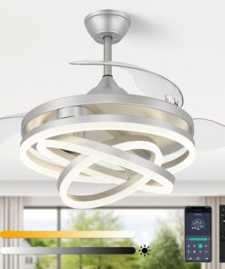 TXCSLY 42 Inch Retractable Ceiling Fan, Chandelier Ceiling Fan with Light DC Motor, 3 Color Tempearture, 6 Wind Speed for Bedroom, Living Room and Dining Room, Silver