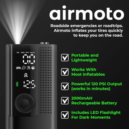 Airmoto Tire Inflator Portable Air Compressor - 3pack - Air Pump for Car Tires with Digital Pressure Gauge, LED Light and Auto Shut-Off Function - Cordless Pump for Car, Motorcycle, Bicycle, Balls - Image 2