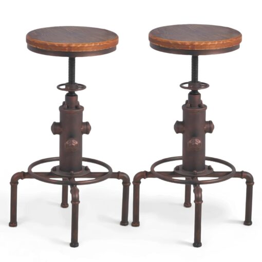 Topower Antique Vintage Industrial Barstool Solid Wood Water Pipe Fire Hydrant Design Cafe Coffee Industrial Bar Stool Set of 2 Red Bronze