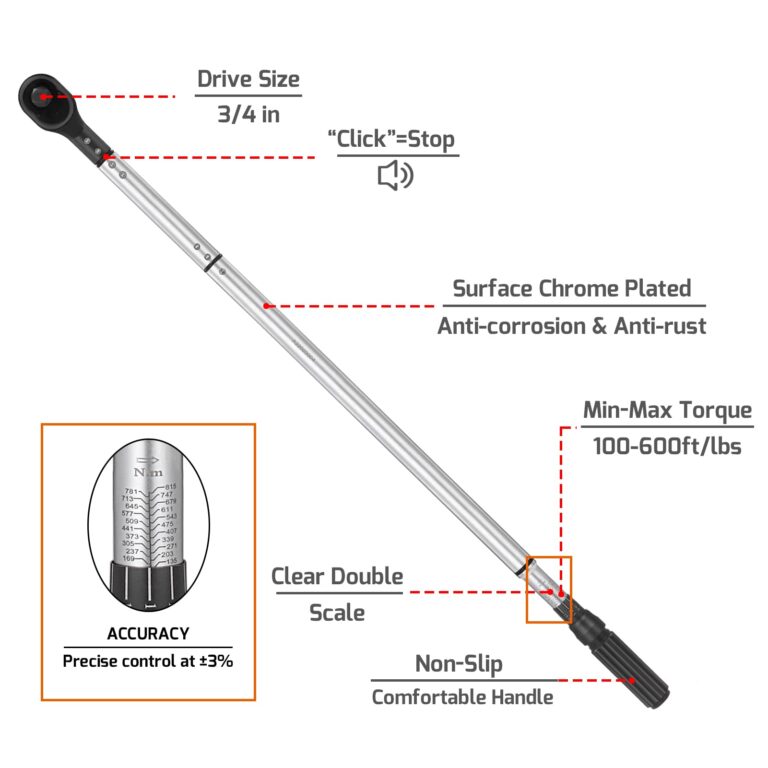 ARUCMIN 3/4-Inch Drive Click Torque Wrench, Dual-Scale Adjustable Torque Wrench Set with a Hex Key 100-600ft.lb / 135-815Nm - Image 9