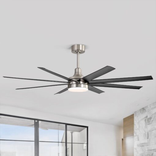 Breezary 65" Large Ceiling Fans with Lights and Remote, 8-Blade, Reversible DC Motor, 6-Speed, Timer, Industrial Ceiling Fans with Led Light Chandelier for Bedroom Office (Satin Nickel & Black)