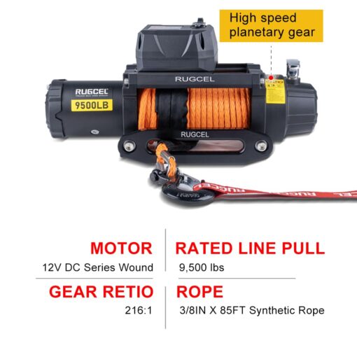 RUGCEL WINCH 9500lb Waterproof Electric Synthetic Rope Powerful Fast 12v Jeep Winch with Hawse Fairlead, Wired Handle and 2 Wireless Remote - Image 4